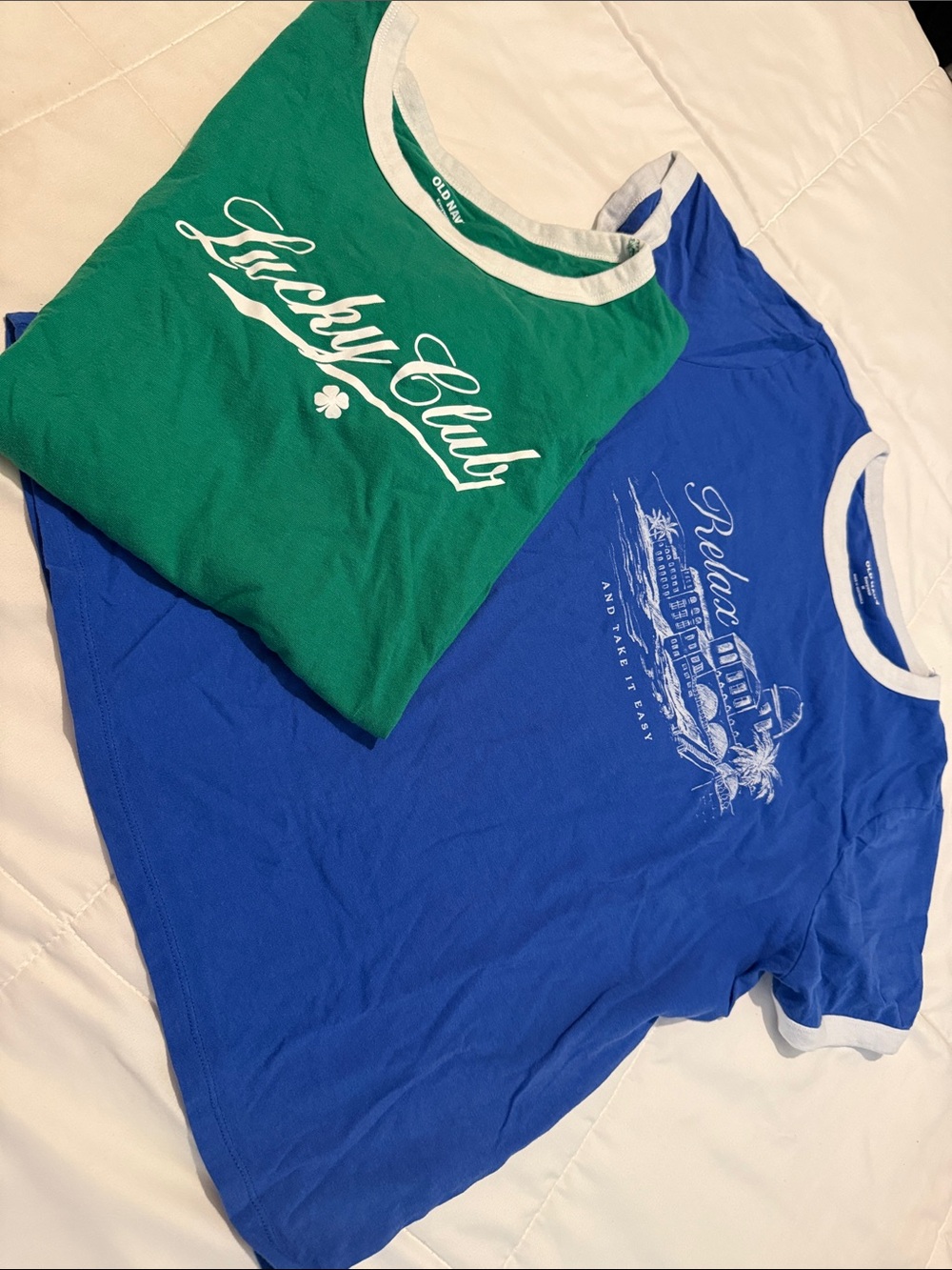 Old Navy Green & Blue Ringer Graphic Tees